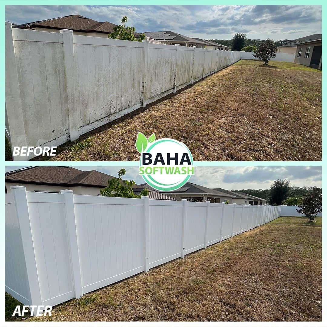 Clean residential fence after soft washing in St. Cloud FL