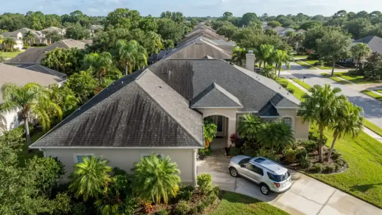 Black algae streaks growing on an asphalt shingle roof of a Florida home due to moisture and humidity.